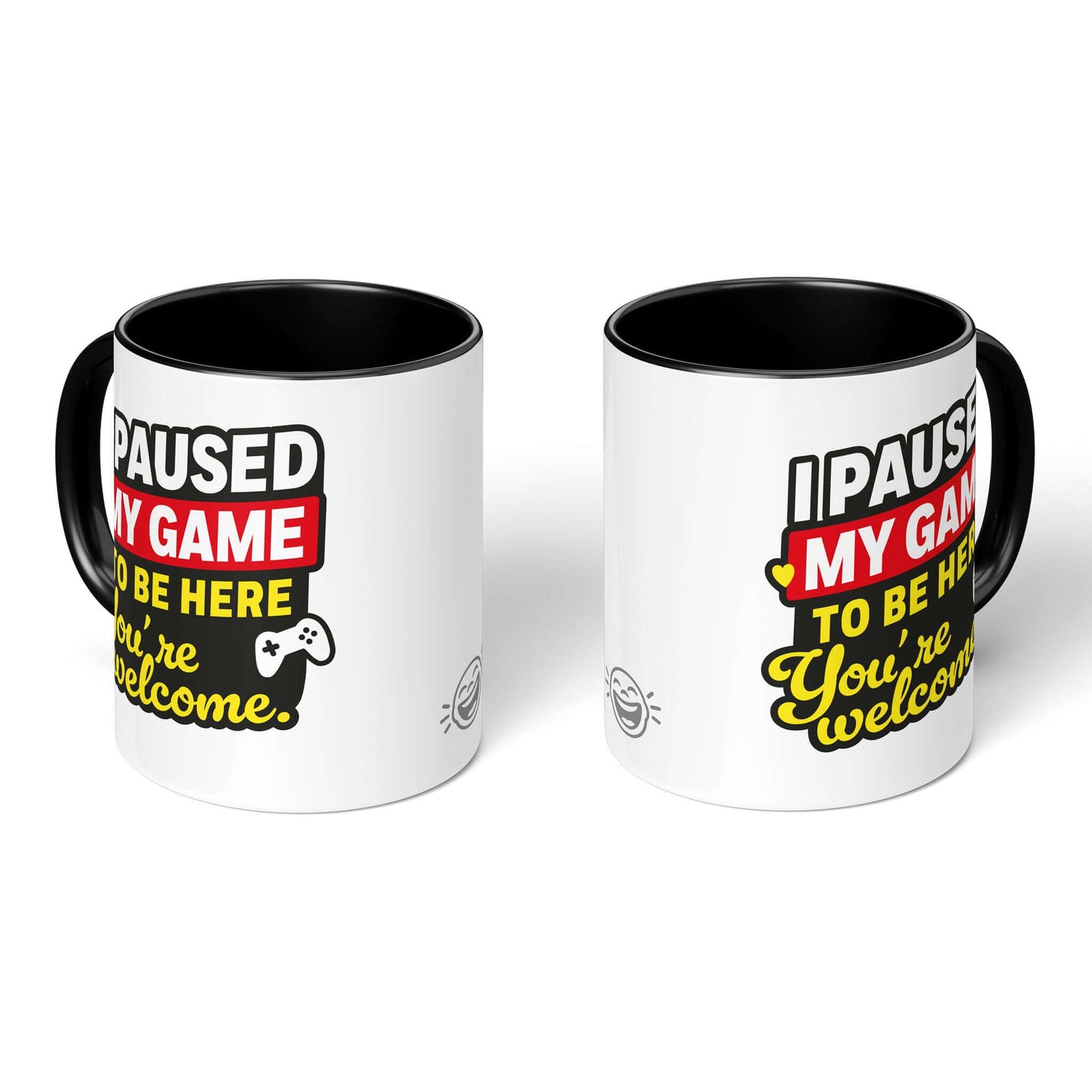 Pair of black-handled mugs showing design & rear view
