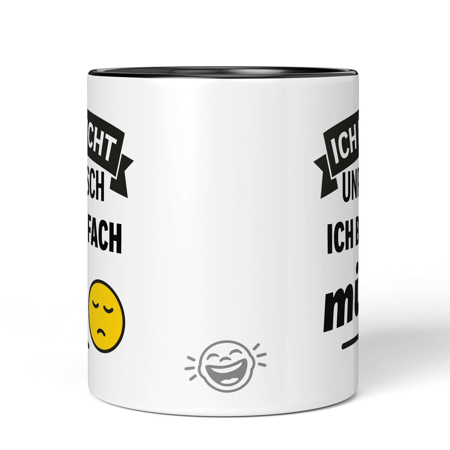 Back of black-accented mug with smiley