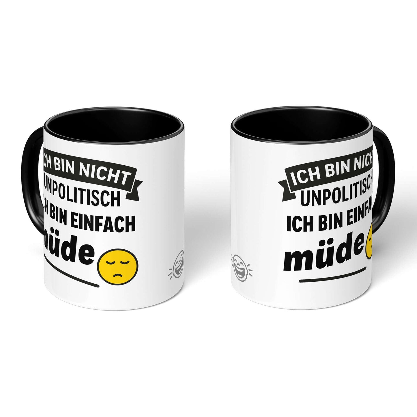 Two black-handled mugs – front and back