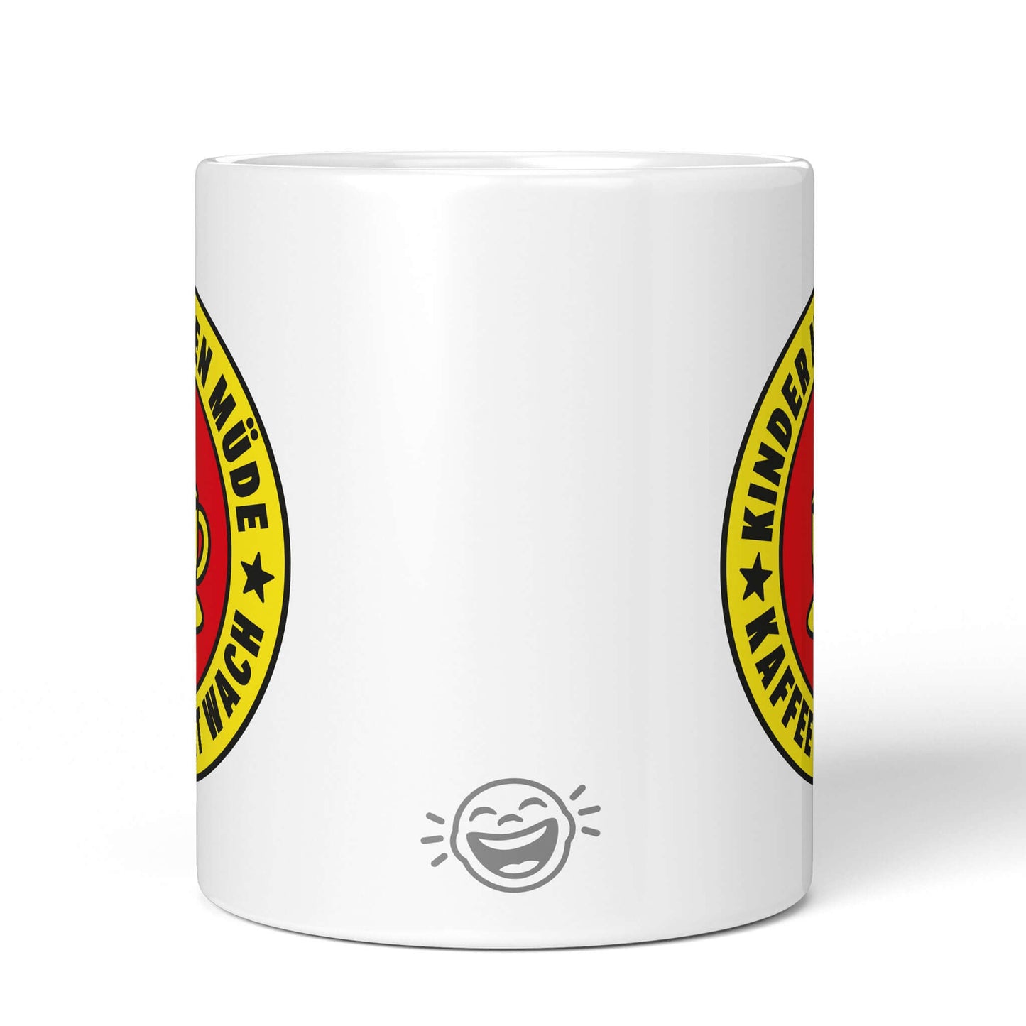 Back view white mug with Brüllerware laughing face