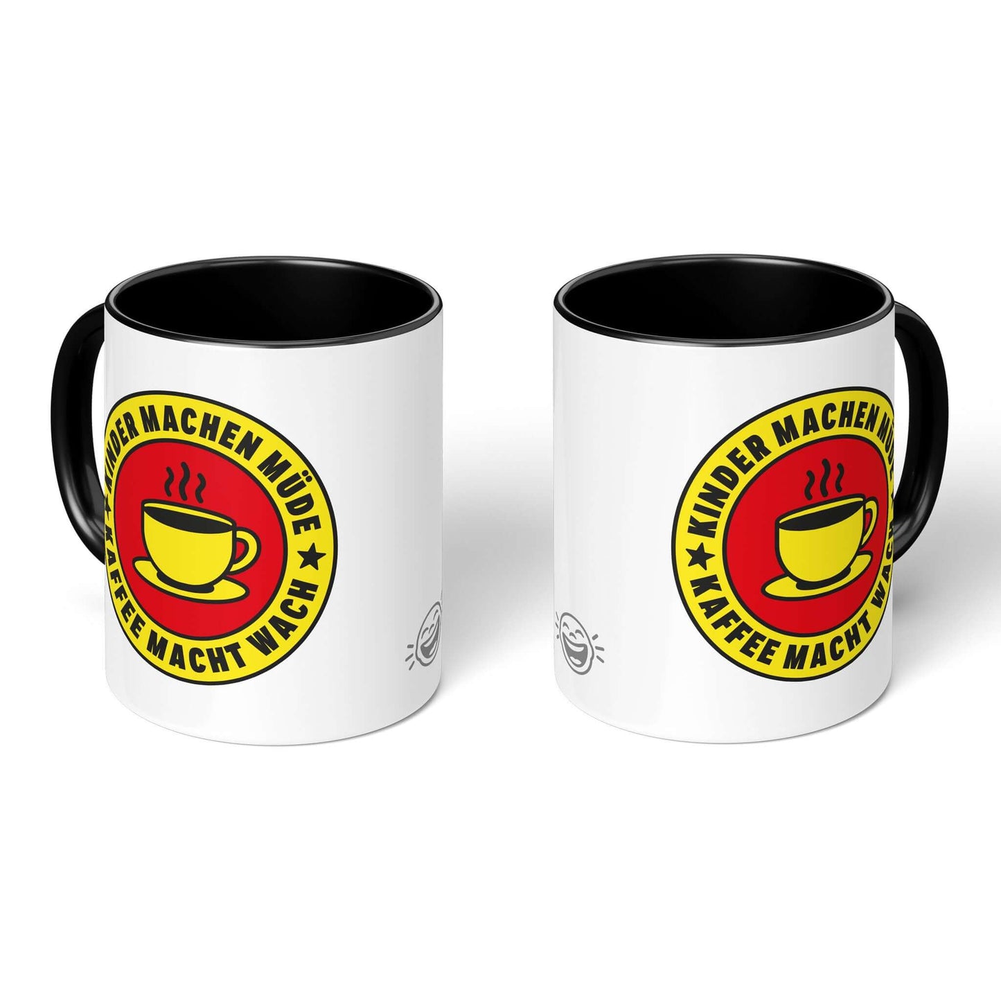 Two black-handled mugs – front and back