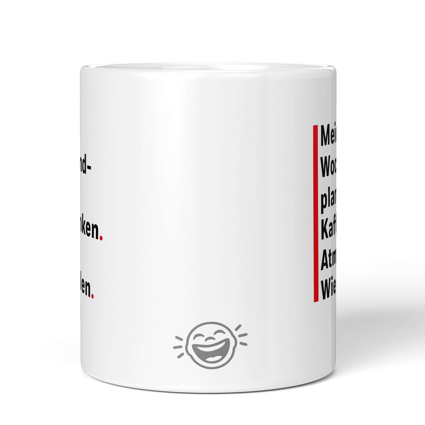 Back of white mug with Brüllerware laughing face logo