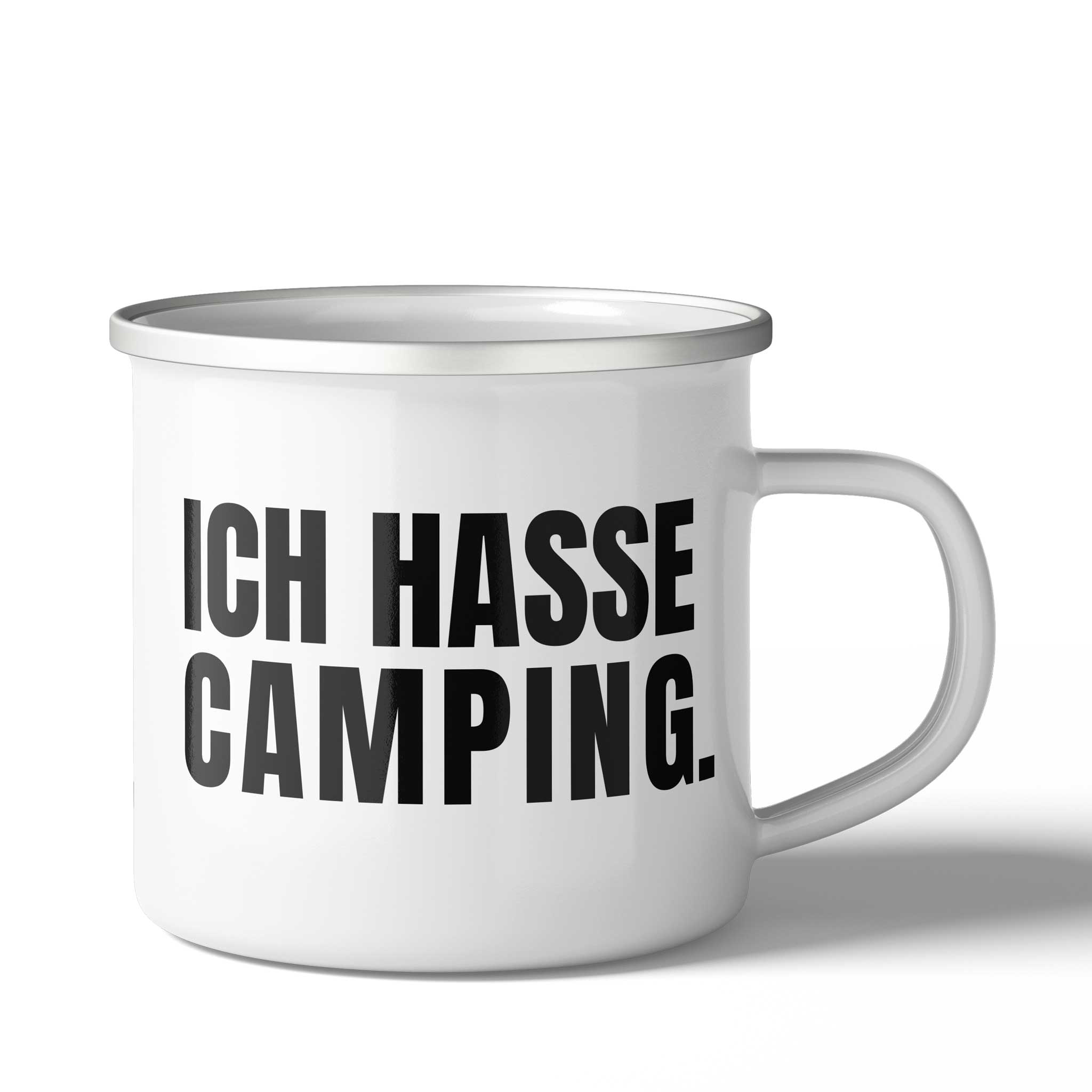 Brüllerware™ Statement-Tasse „Ich hasse Camping.“ in weißer Emaille mit silbernem Rand. Produktdesign „The Shouter“ aus der Manufaktur im Schwarzwald.