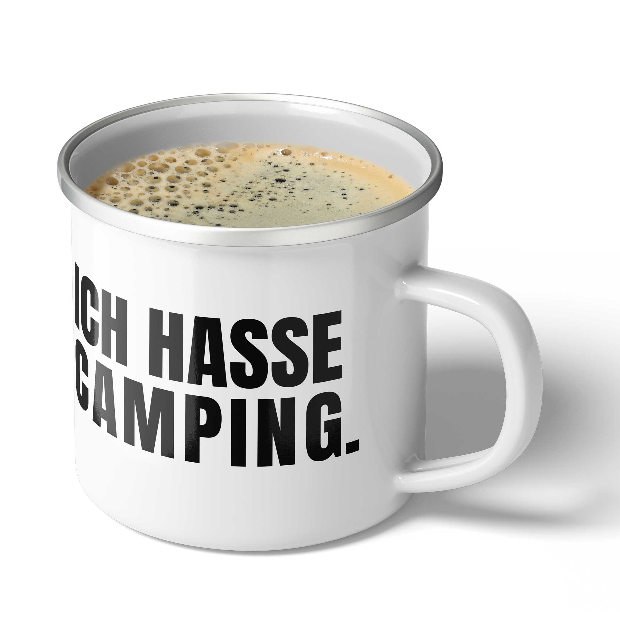 Weisse Outdoor Tasse mit silbernem Rand bedruckt mit dem Spruch: "Ich hasse Camping"