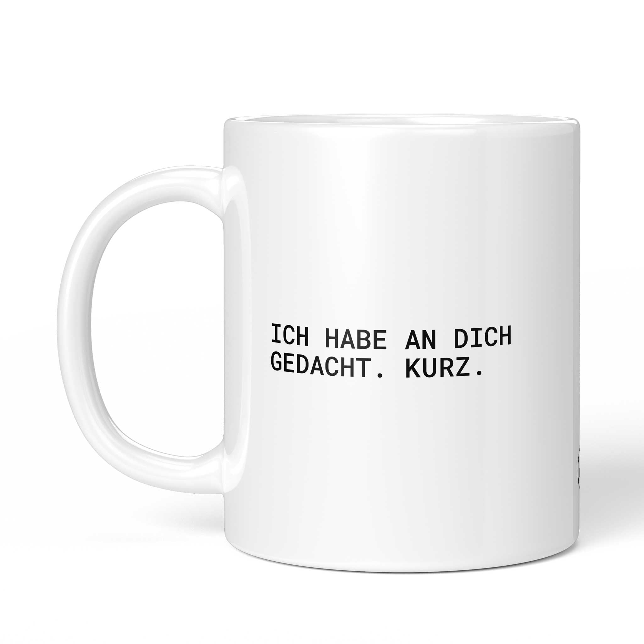 Rückseite der Brüllerware Tasse „Ich habe an dich gedacht. Kurz.“ – beidseitiger Druck mit Brüllerware Markenzeichen
