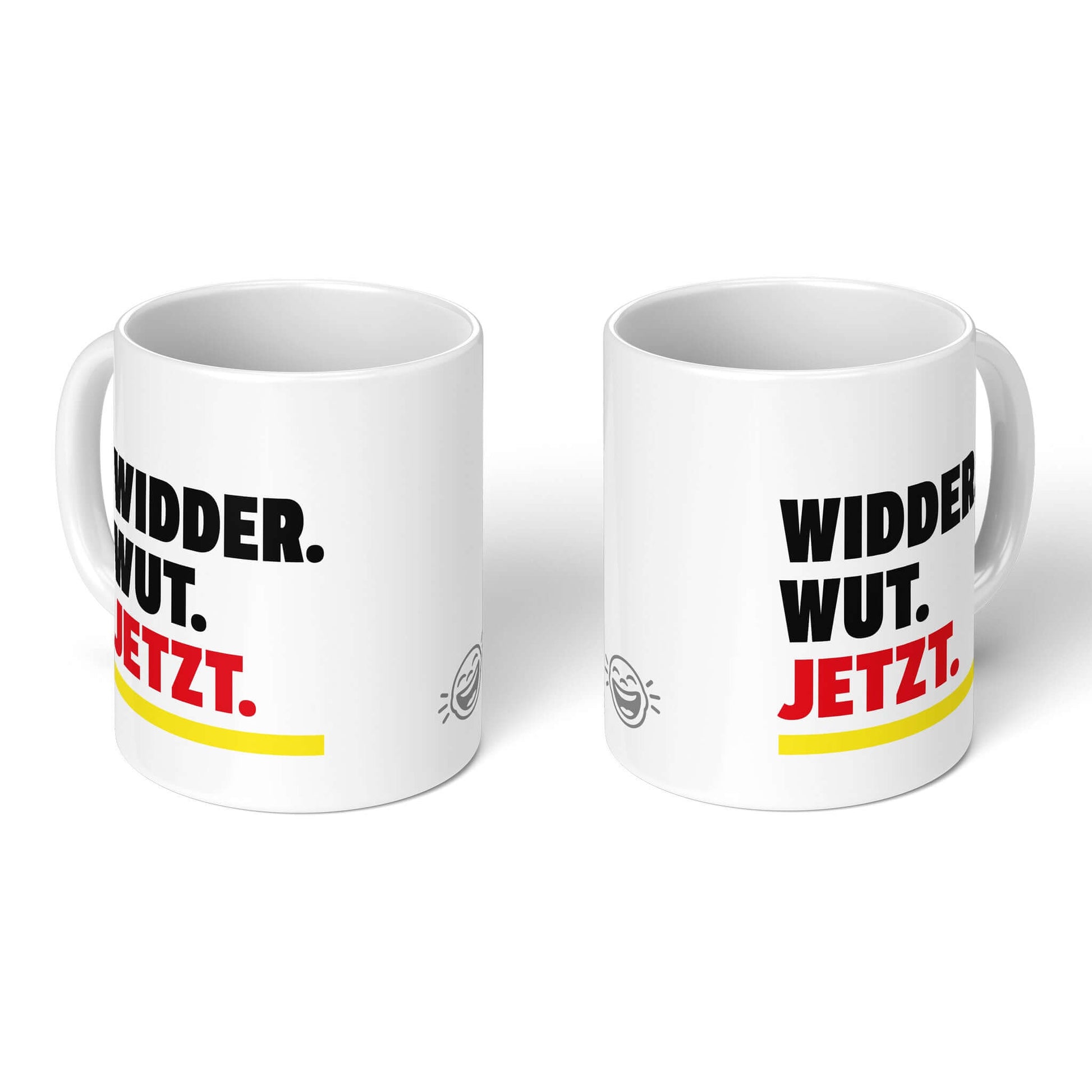 Zodiac Cup – two white mugs, front and back with Brüllerware smiley
