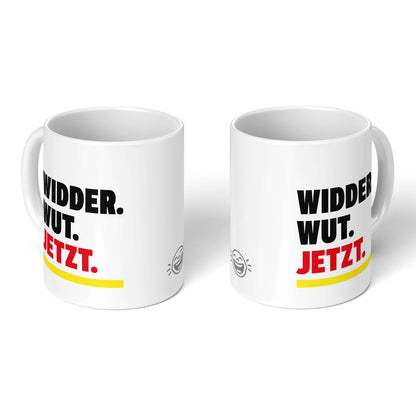 Zodiac Cup – two white mugs, front and back with Brüllerware smiley