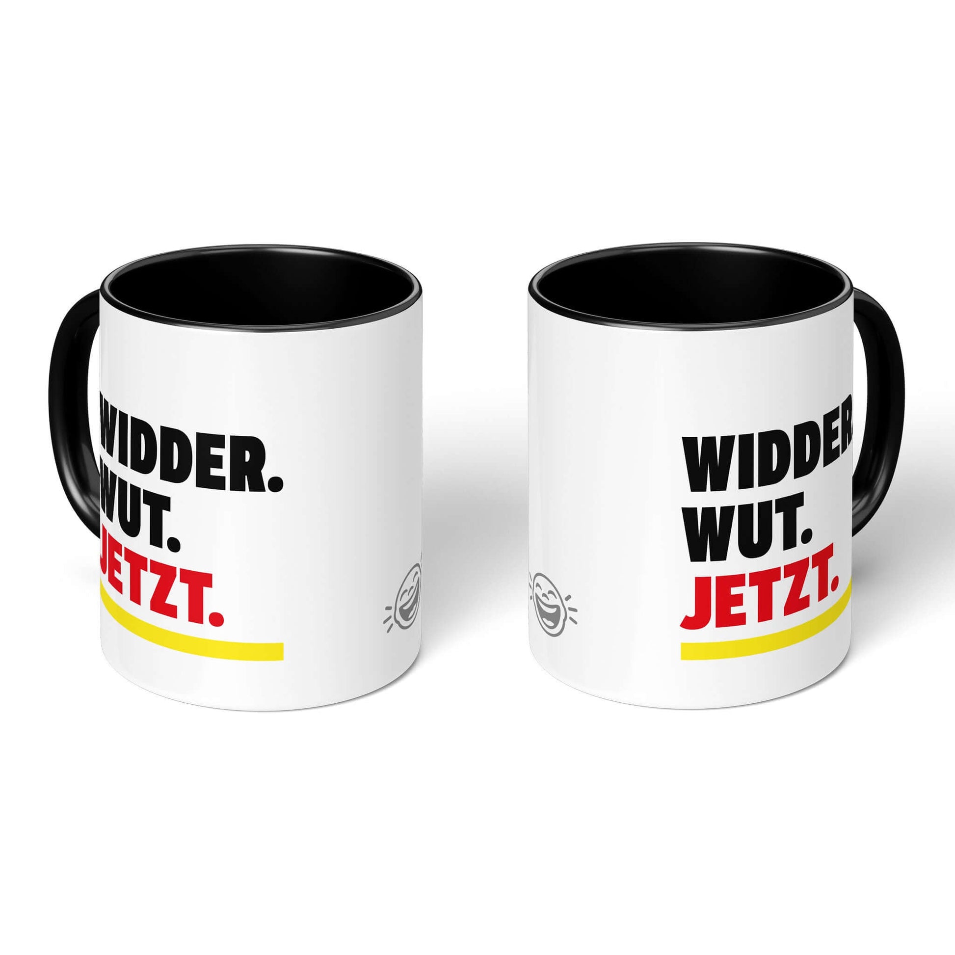 Fire Sign Humor Mug – two black-handled mugs, front and back