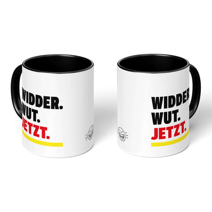 Fire Sign Humor Mug – two black-handled mugs, front and back
