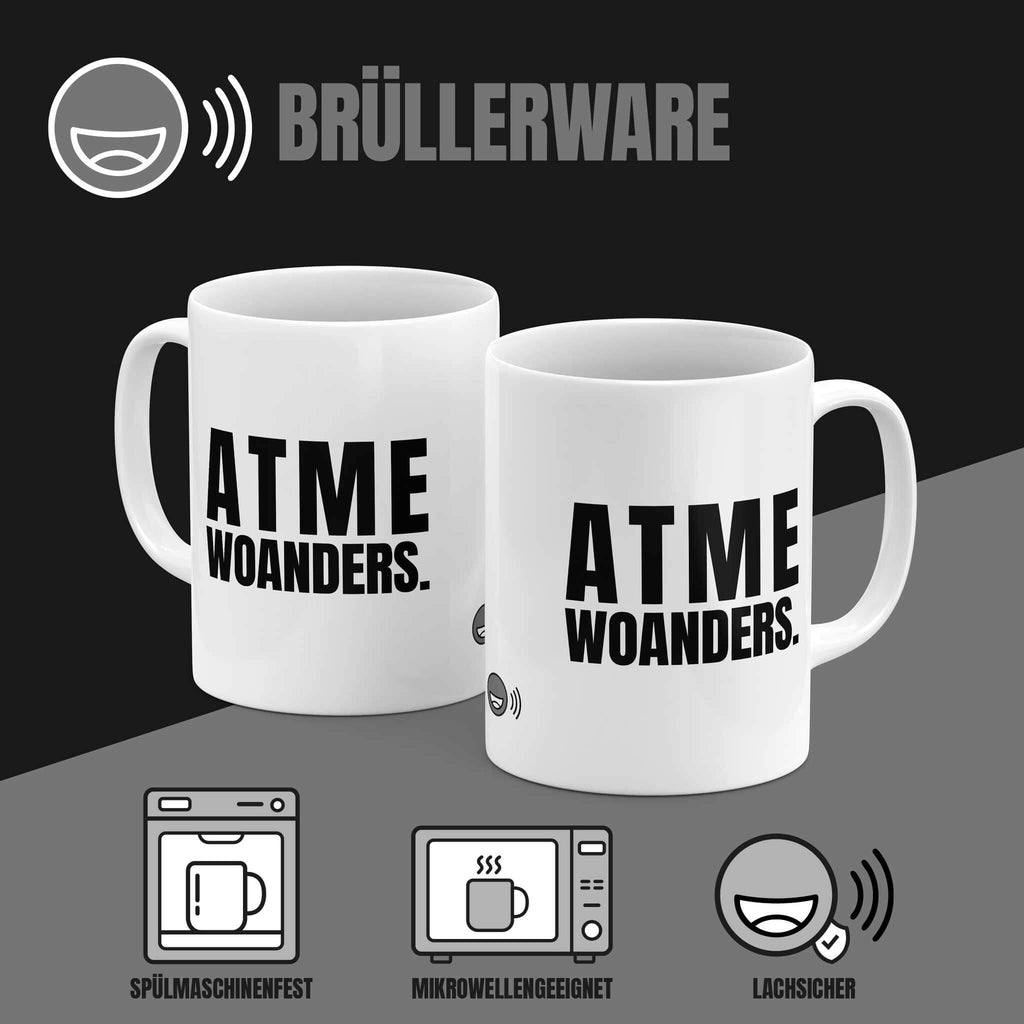 Rückseite der Brüllerware Tasse "Atme woanders." mit Logo - Spülmaschinenfest & Mikrowellengeeignet