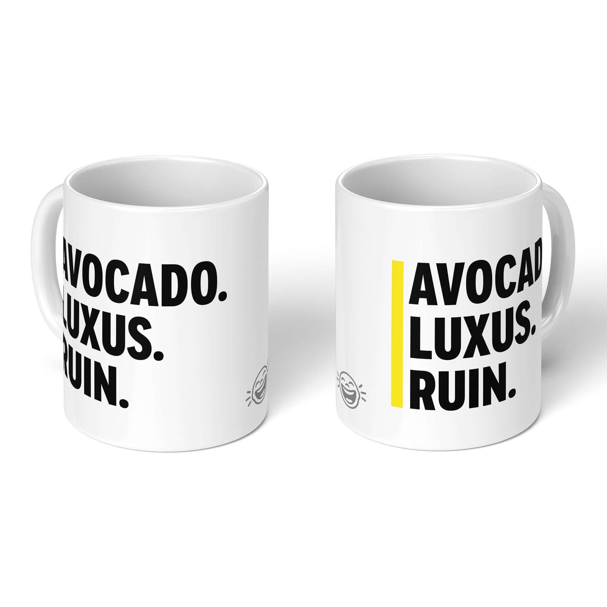 Brüllerware Avocado Mug – two white mugs, front and back with smiley