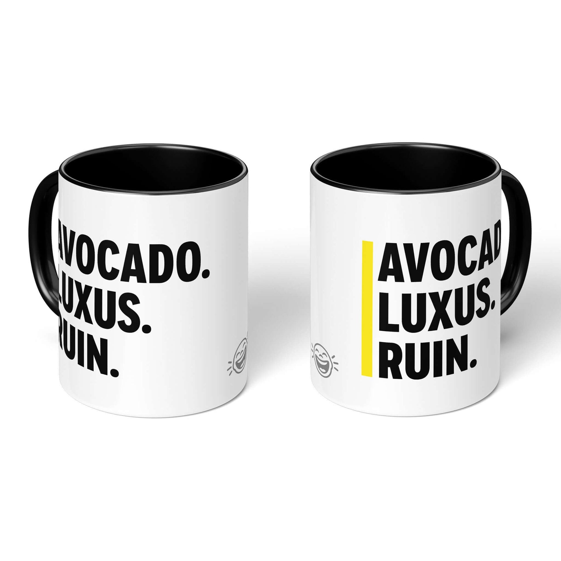 Hipster Cup – two black-accented mugs, text and logo views