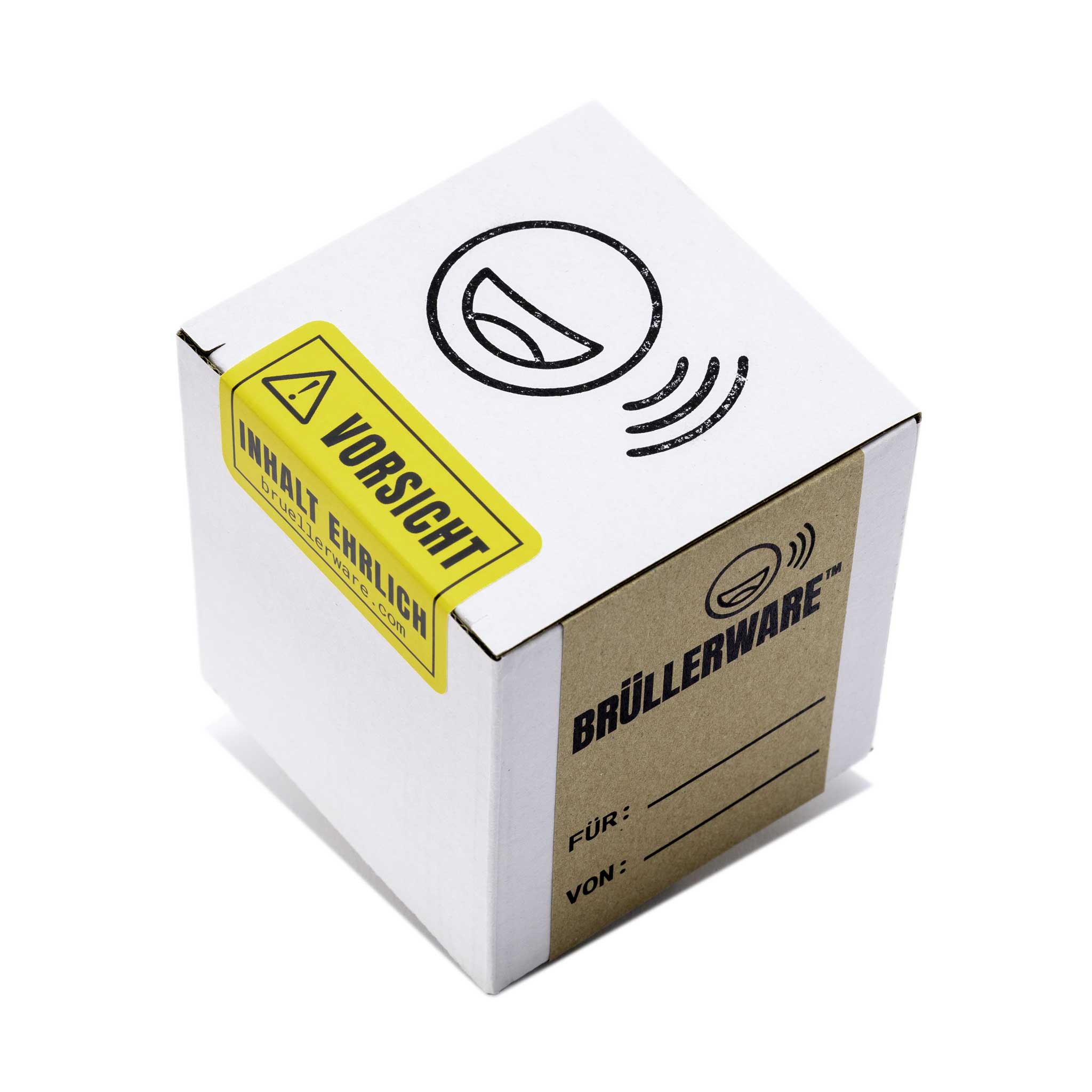 Die Brüllerware Geschenkerpackung für 330ml Tassen mit Adressfeld Für und Von und dem Signalaufkleber "Vorsicht - Inhalt ehrlich"