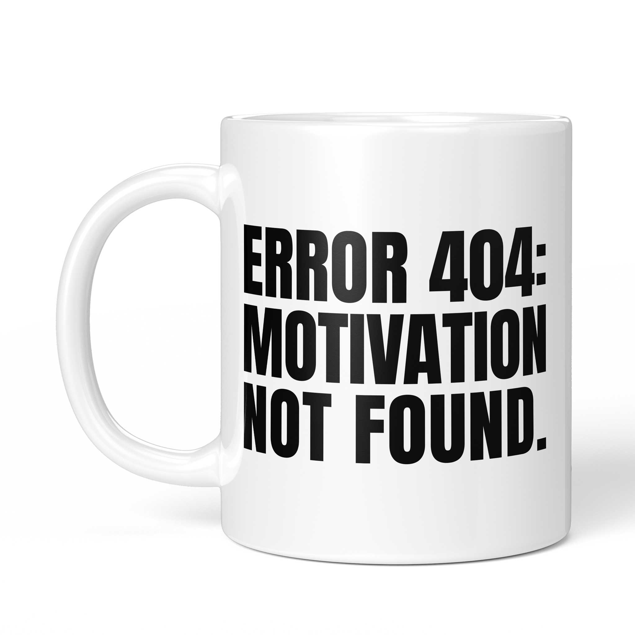 Rückseite der Brüllerware Tasse „ERROR 404: MOTIVATION NOT FOUND.“ – beidseitiger Druck mit Brüllerware Markenzeichen