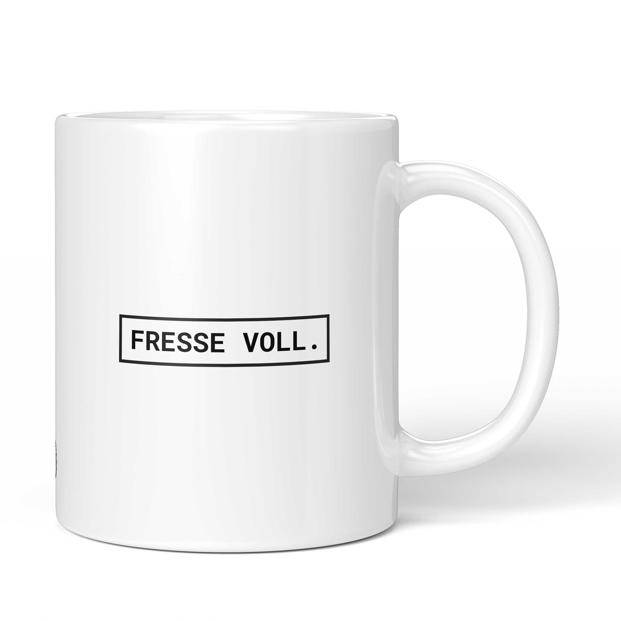 Brüllerware Tasse mit Spruch „Fresse voll.“ – weiße Keramiktasse mit schwarzem Statement-Druck und Brüllerware Icon