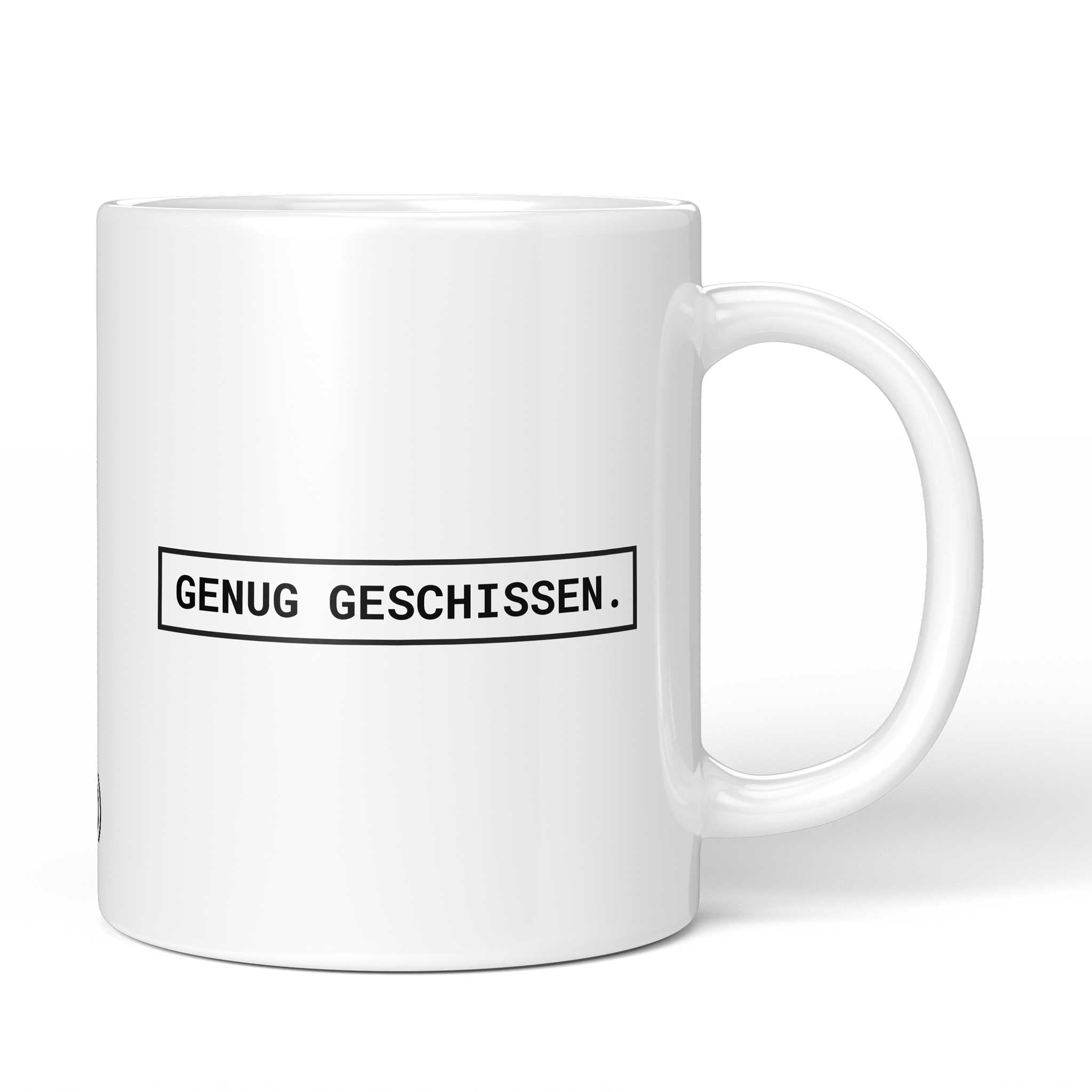Brüllerware Tasse mit Spruch „Genug geschissen.“ – weiße Keramiktasse mit schwarzem Statement-Druck und Brüllerware Icon