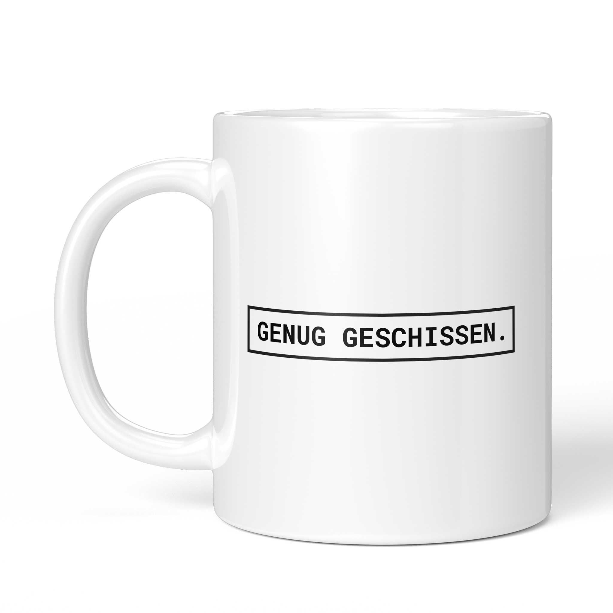 Rückseite der Brüllerware Tasse „Genug geschissen.“ – beidseitiger Druck mit Brüllerware Markenzeichen