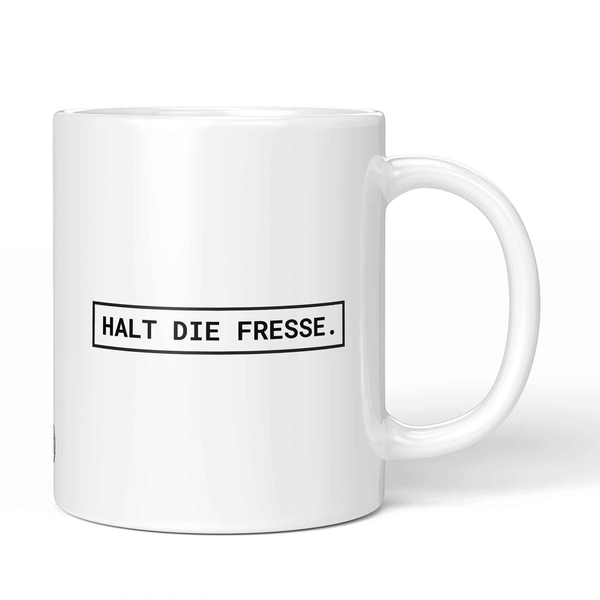 Brüllerware Tasse mit Spruch „Halt die Fresse.“ – weiße Keramiktasse mit schwarzem Statement-Druck und Brüllerware Icon
