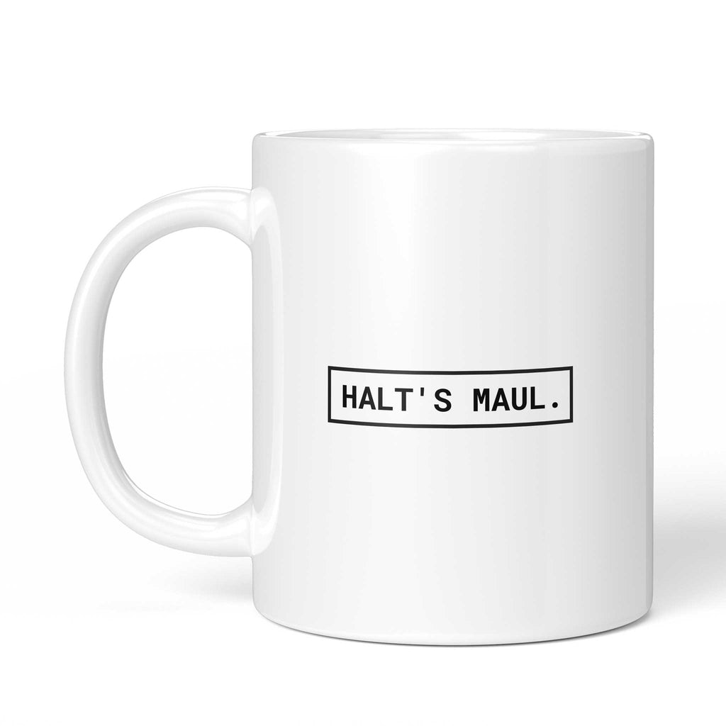 Rückseite der Brüllerware Tasse „Halt's Maul.“ – beidseitiger Druck mit Brüllerware Markenzeichen