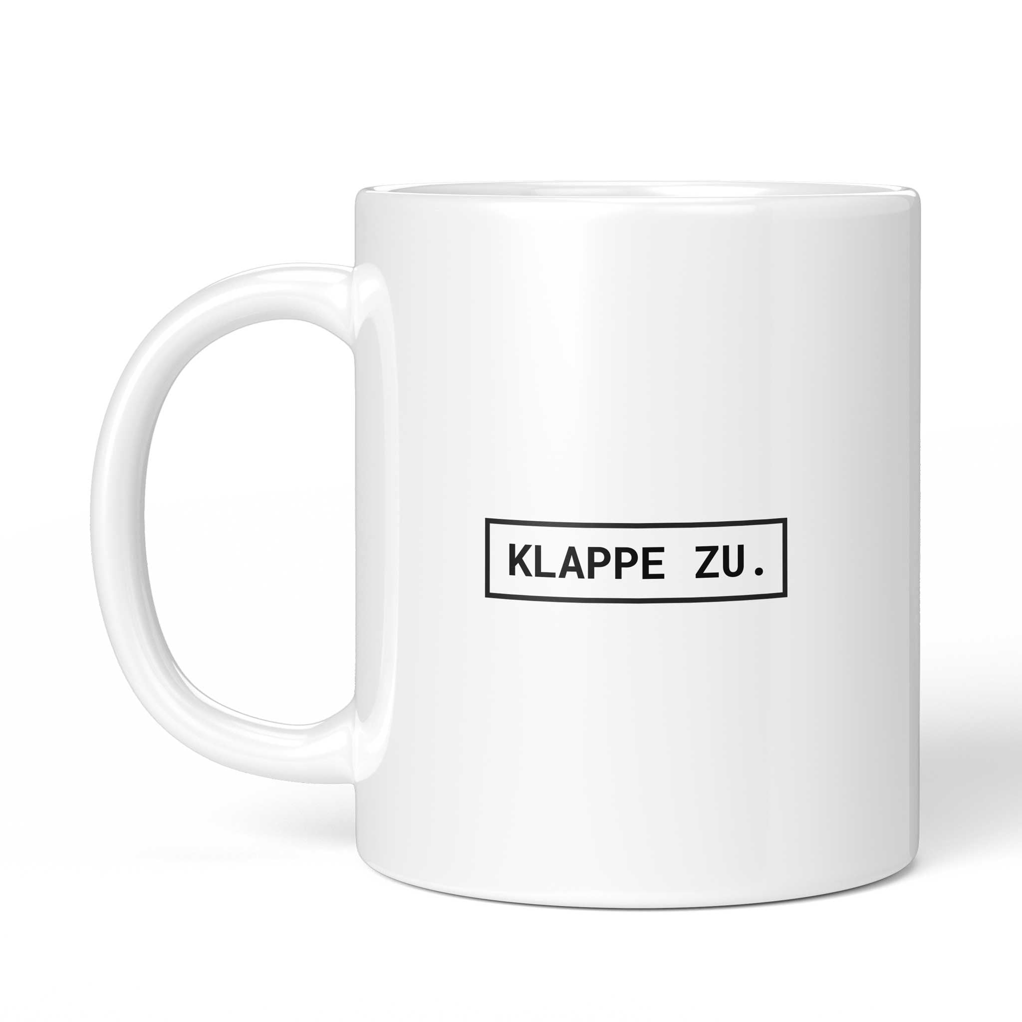 Rückseite der Brüllerware Tasse „Klappe zu.“ – beidseitiger Druck mit Brüllerware Markenzeichen
