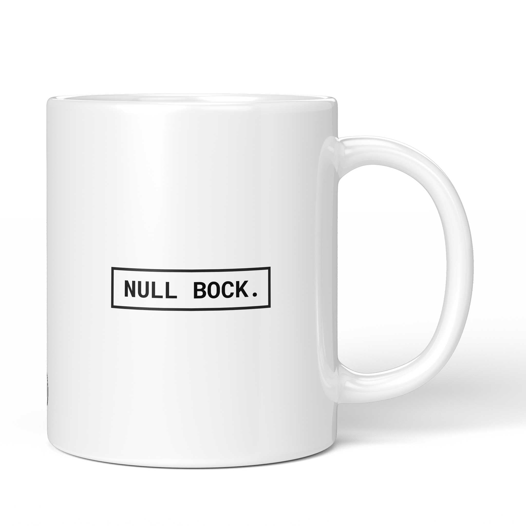 Brüllerware Tasse mit Spruch „Null Bock.“ – weiße Keramiktasse mit schwarzem Statement-Druck und Brüllerware Icon