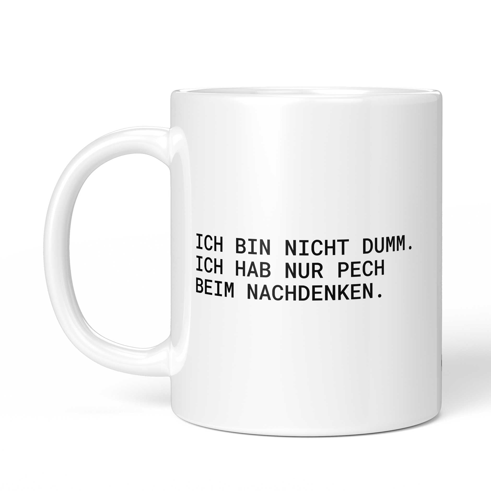 Rückseite der Brüllerware Tasse „Ich bin nicht dumm. Ich habe nur Pech beim Nachdenken.“ – beidseitiger Druck mit Brüllerware Markenzeichen
