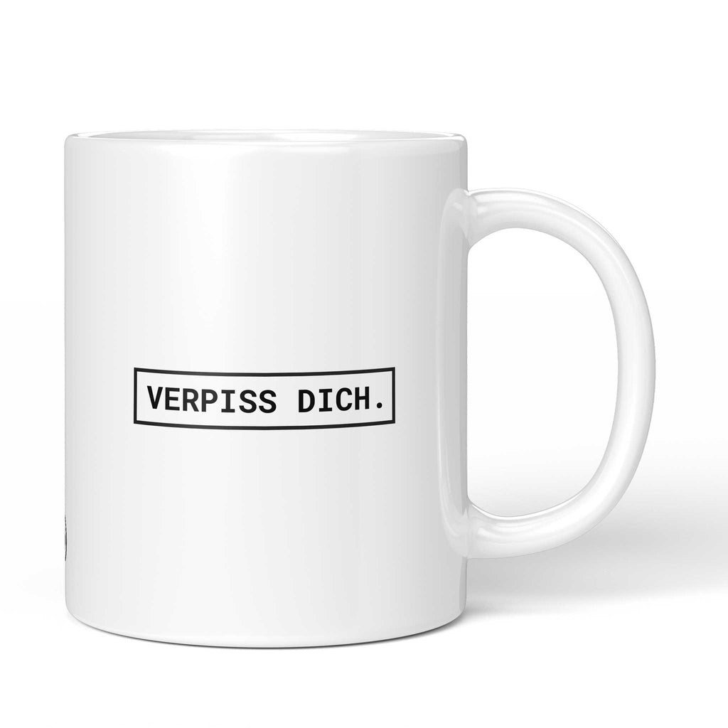Brüllerware Tasse mit Spruch „Verpiss dich.“ – weiße Keramiktasse mit schwarzem Statement-Druck und Brüllerware Icon