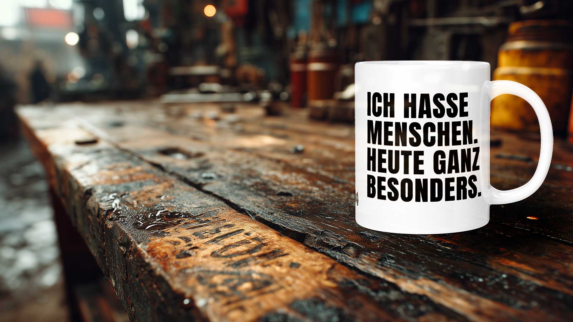 Dunkler, industrieller Werkstatt-Hintergrund für den Brüllerware Onlineshop. Nahaufnahme einer abgenutzten Werkbank mit unscharfen Werkzeugen im Hintergrund, passend zur Manufaktur-Qualität.