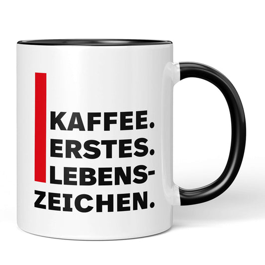 Black-handled mug with graphic typographic design