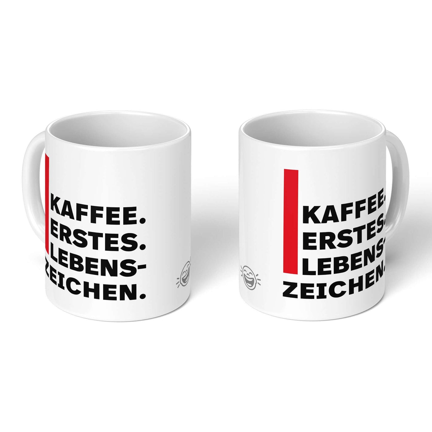 Two white mugs front & back – statement and smiley logo