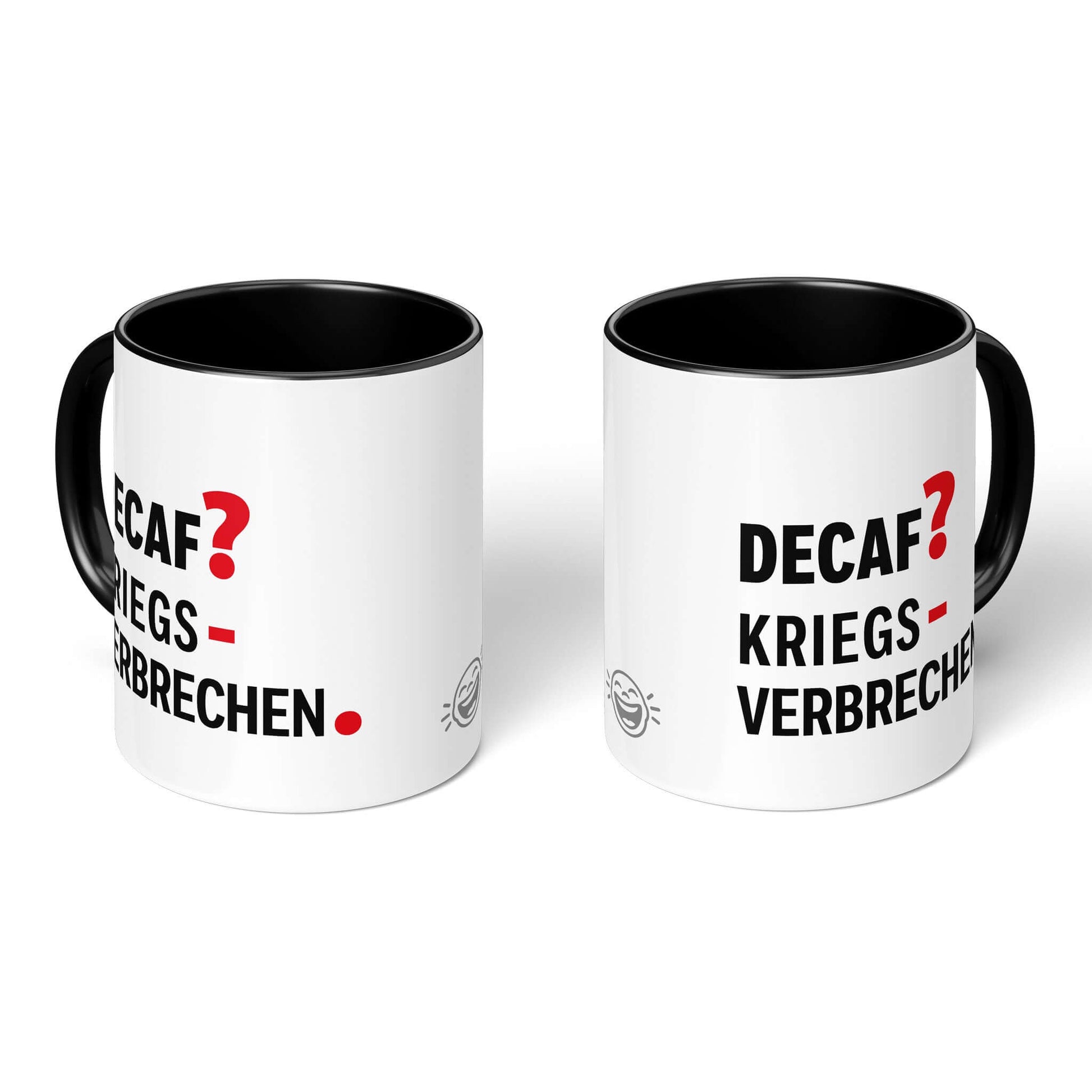 Two black/white mugs side-by-side – statement front and logo back