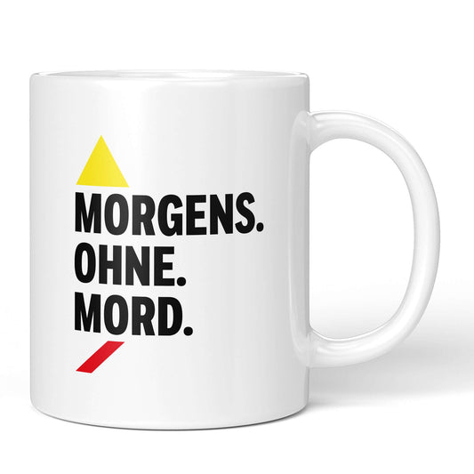 White mug with bold text “Mornings. Without. Murder.” and yellow triangle