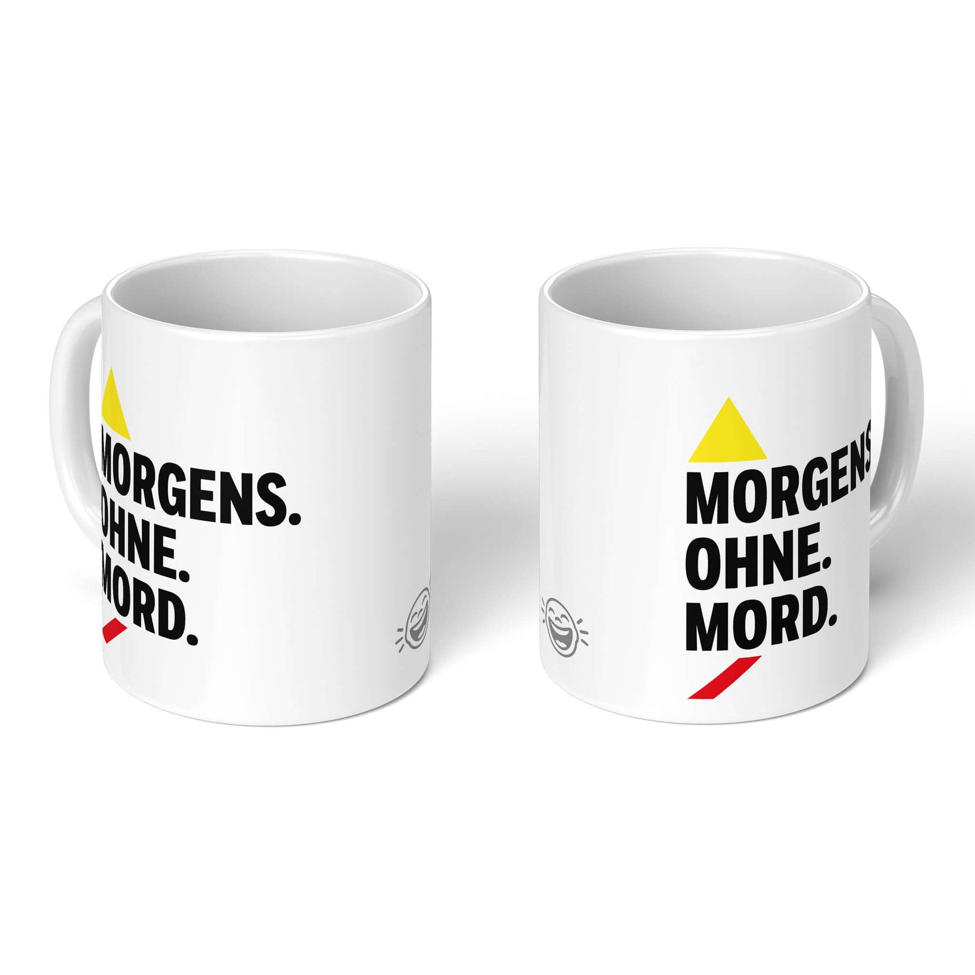 Front & back of two white mugs – design plus Brüllerware logo