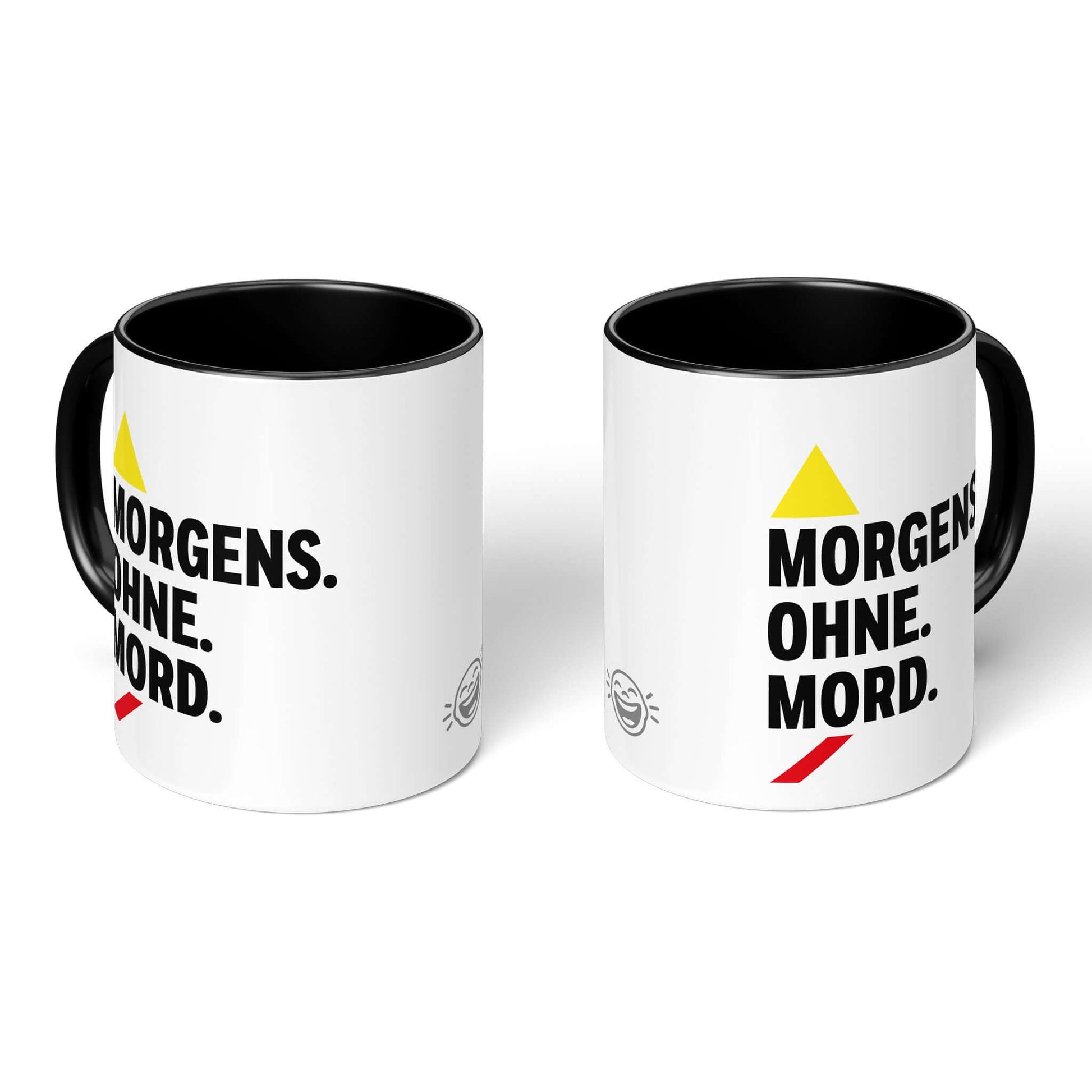 Two-tone mugs in white/black – modern layout with red/yellow accents