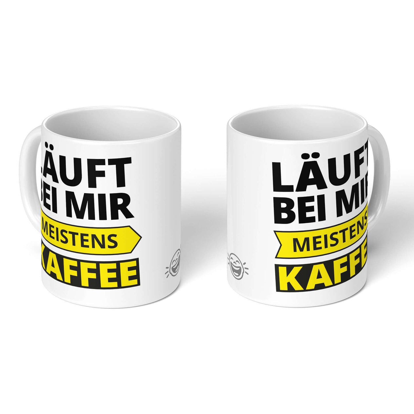 Set of two white mugs – bold yellow & black print by BRÜLLERWARE