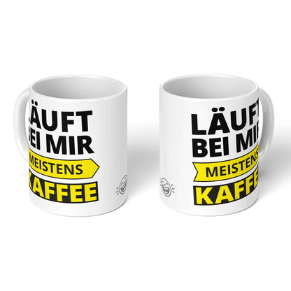Set of two white mugs – bold yellow & black print by BRÜLLERWARE