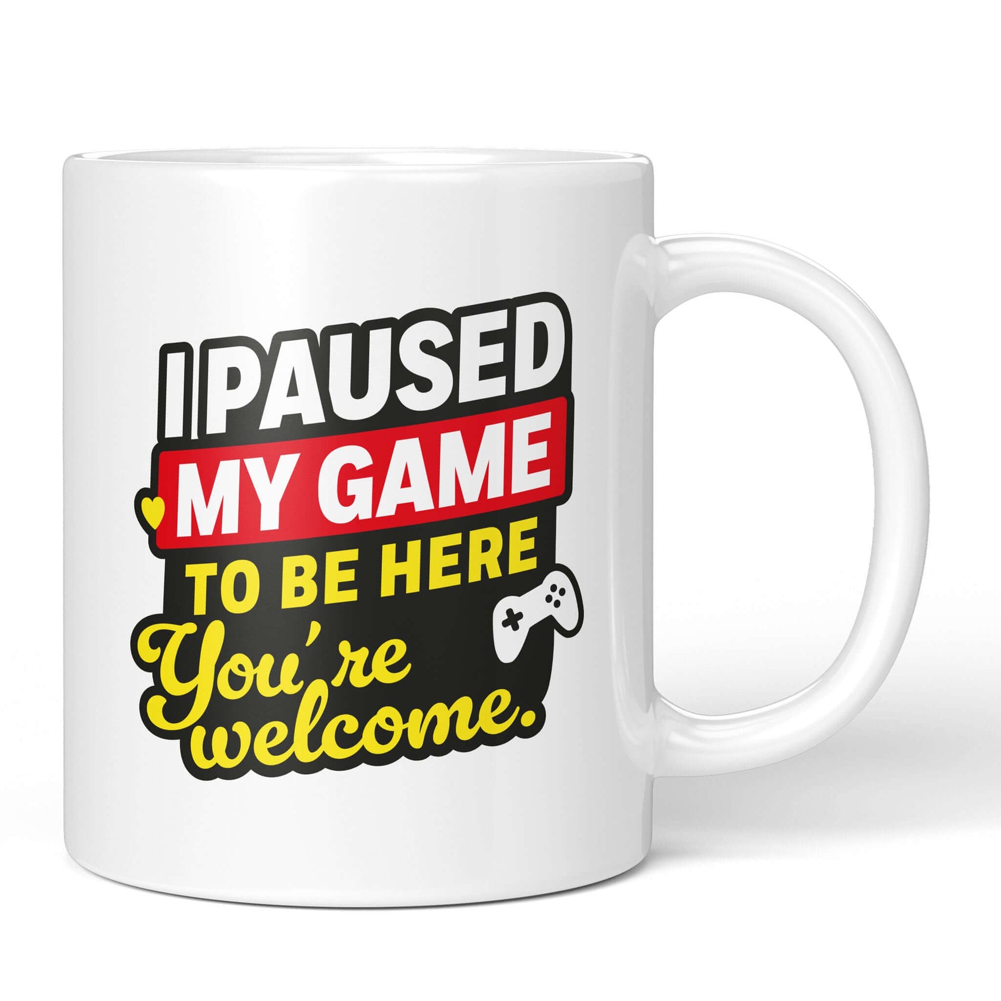Front of white mug with gamer quote & red/yellow design