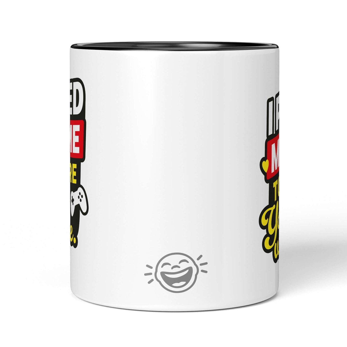 Reverse side of black-accented mug with smiley icon