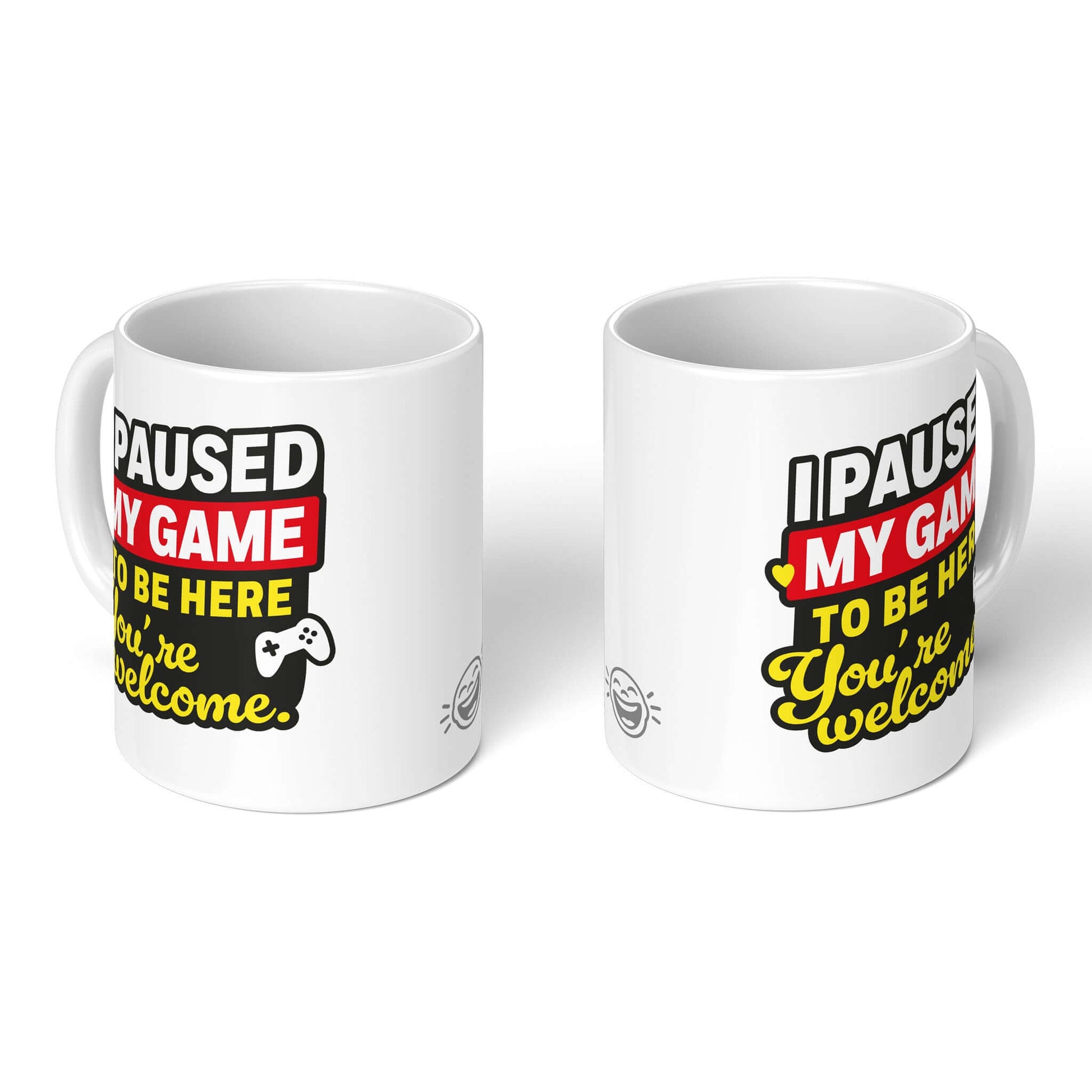 Two white gamer mugs side-by-side – front & back