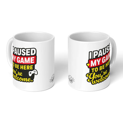 Two white gamer mugs side-by-side – front & back