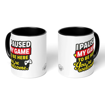 Pair of black-handled mugs showing design & rear view
