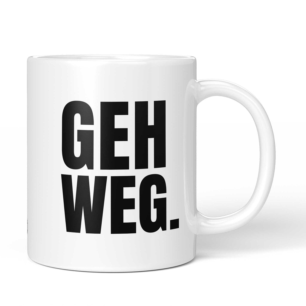 Brüllerware Tasse mit Spruch „Geh weg.“ – weiße Keramiktasse mit schwarzem Statement-Druck und Brüllerware Icon
