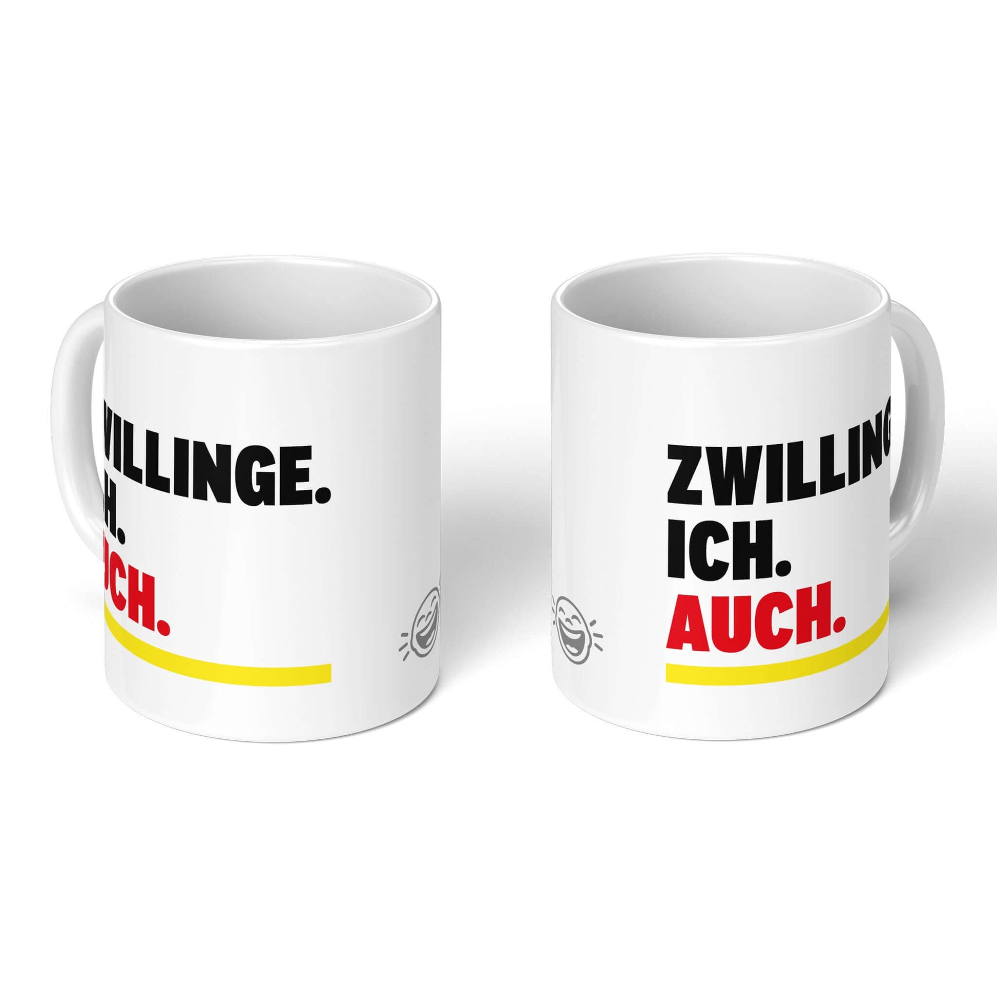 Zodiac Cup – two white mugs, front and back with Brüllerware smiley
