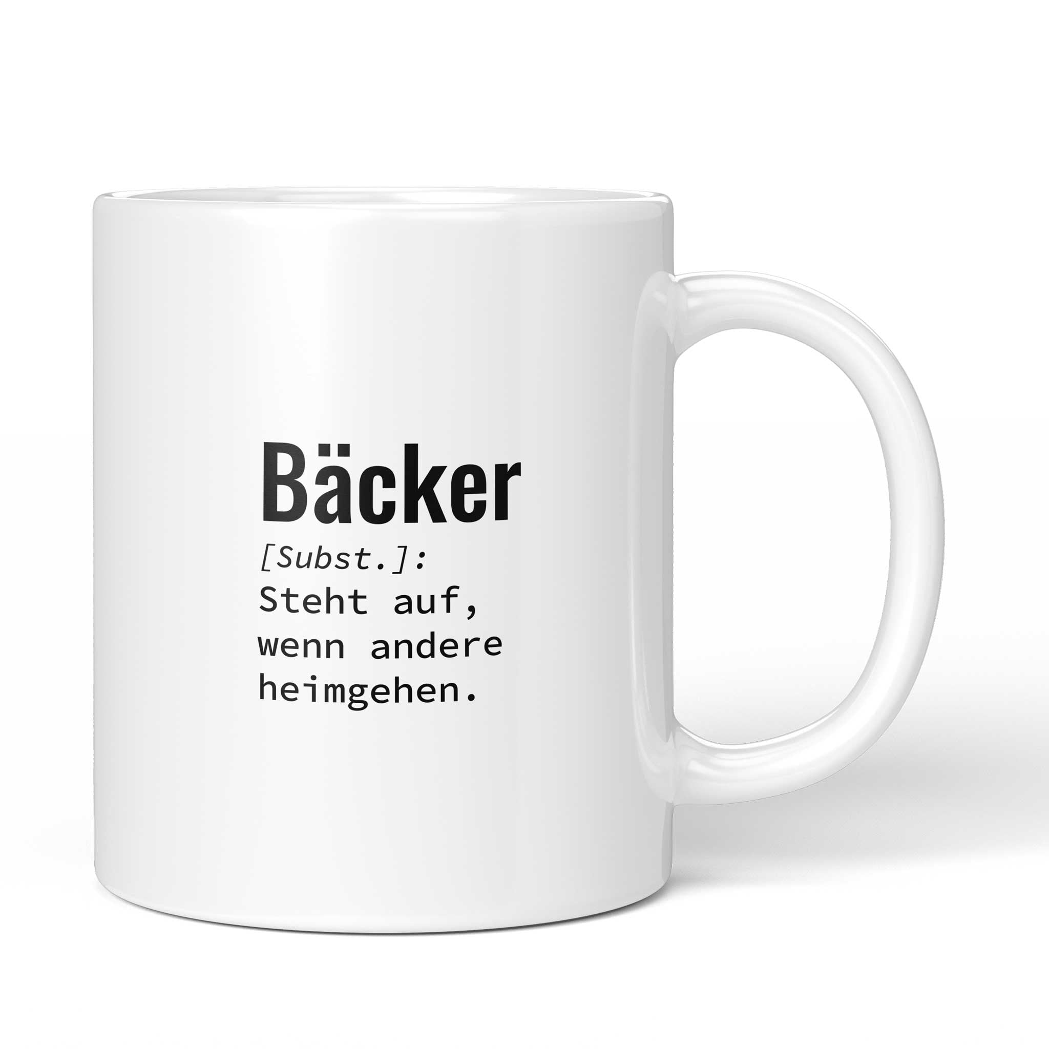 Tasse mit Spruch „Steht auf, wenn andere heimgehen.“ – weiße Keramiktasse, Vorderansicht