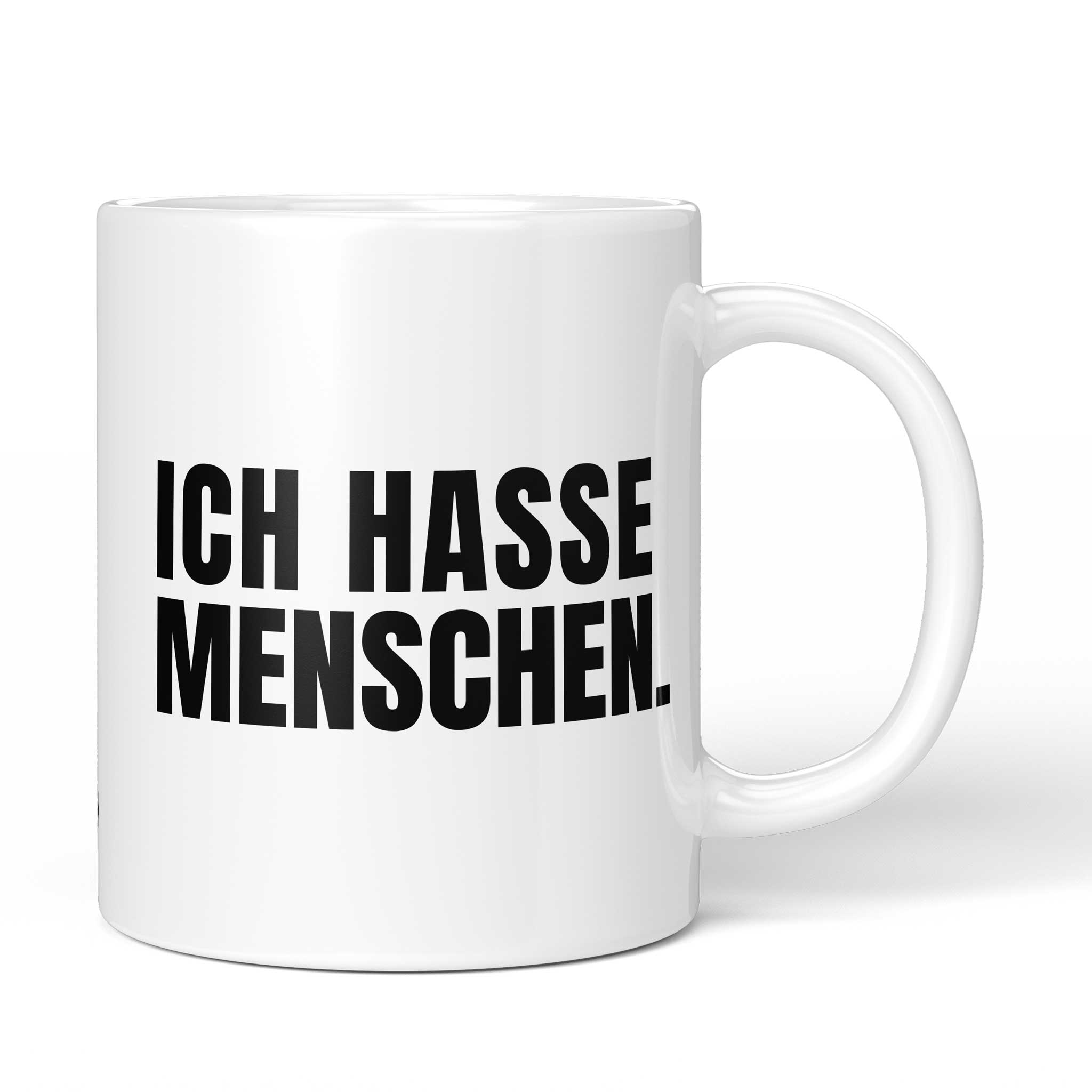 Brüllerware Tasse mit Spruch „Ich hasse Menschen.“ – weiße Keramiktasse mit schwarzem Statement-Druck und Brüllerware Icon