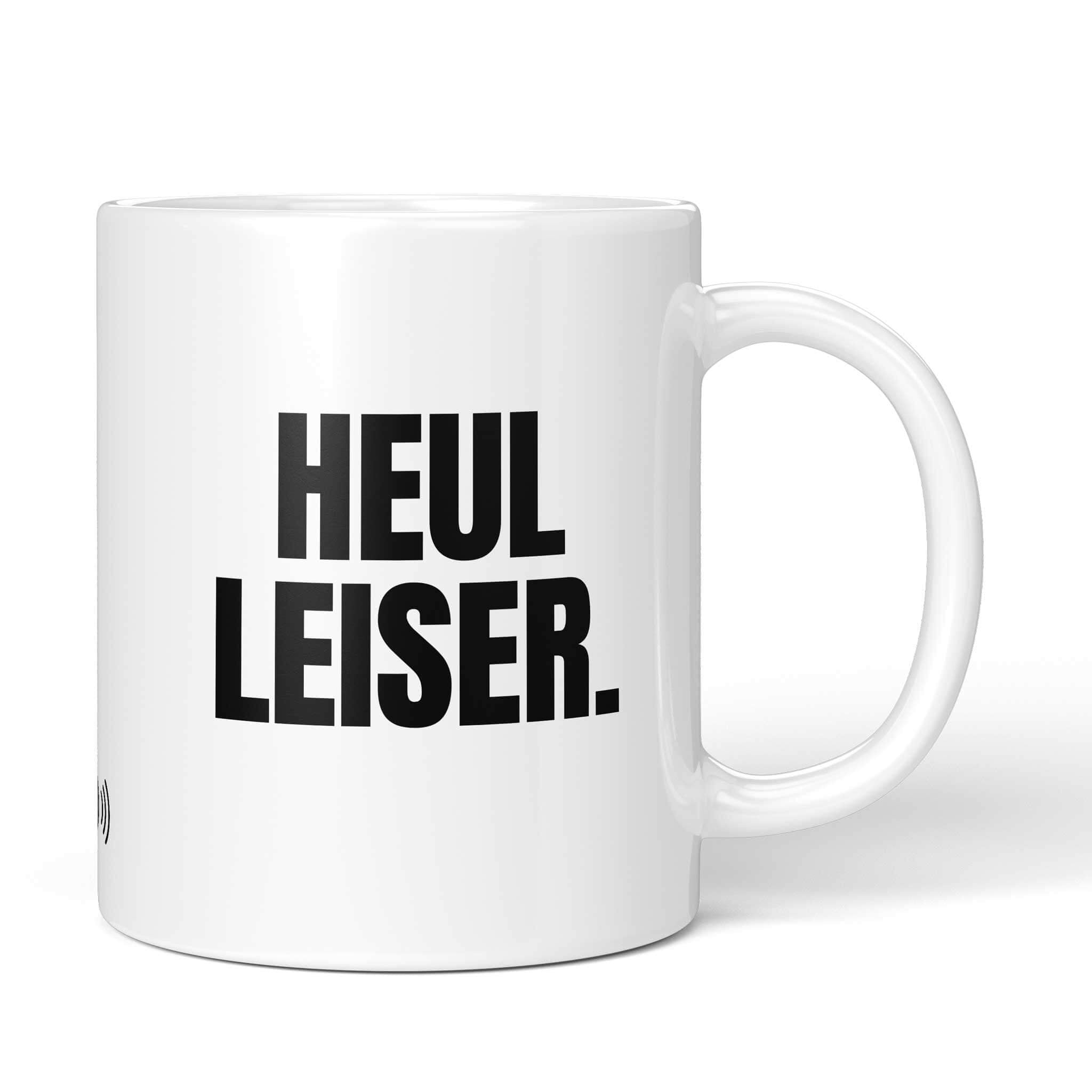 Brüllerware Tasse mit Spruch: "Heul leiser" - Lustige Kaffeetasse für Büro & Alltag - Schwarz Weiß Design mit Henkel nach rechts.