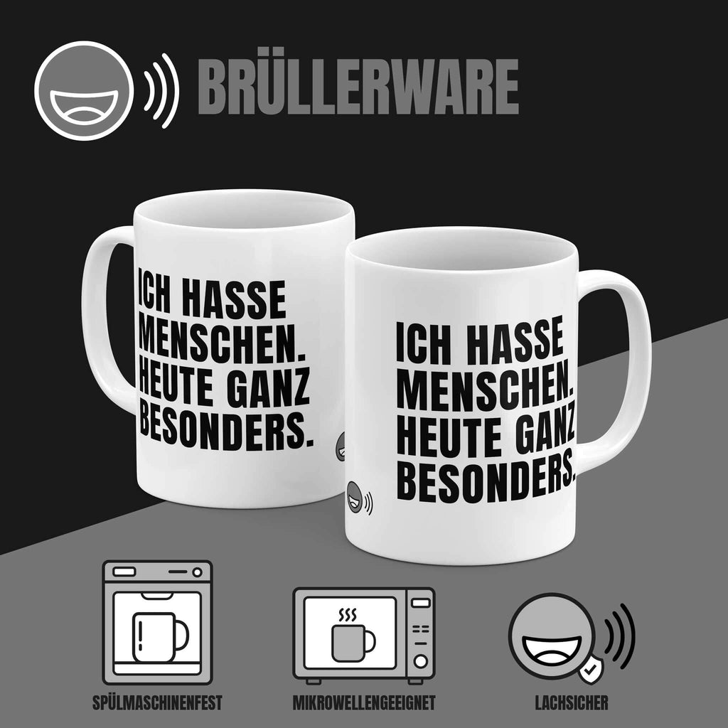 Rückseite der Brüllerware Tasse "Ich hasse Menschen." mit Logo - Spülmaschinenfest & Mikrowellengeeignet