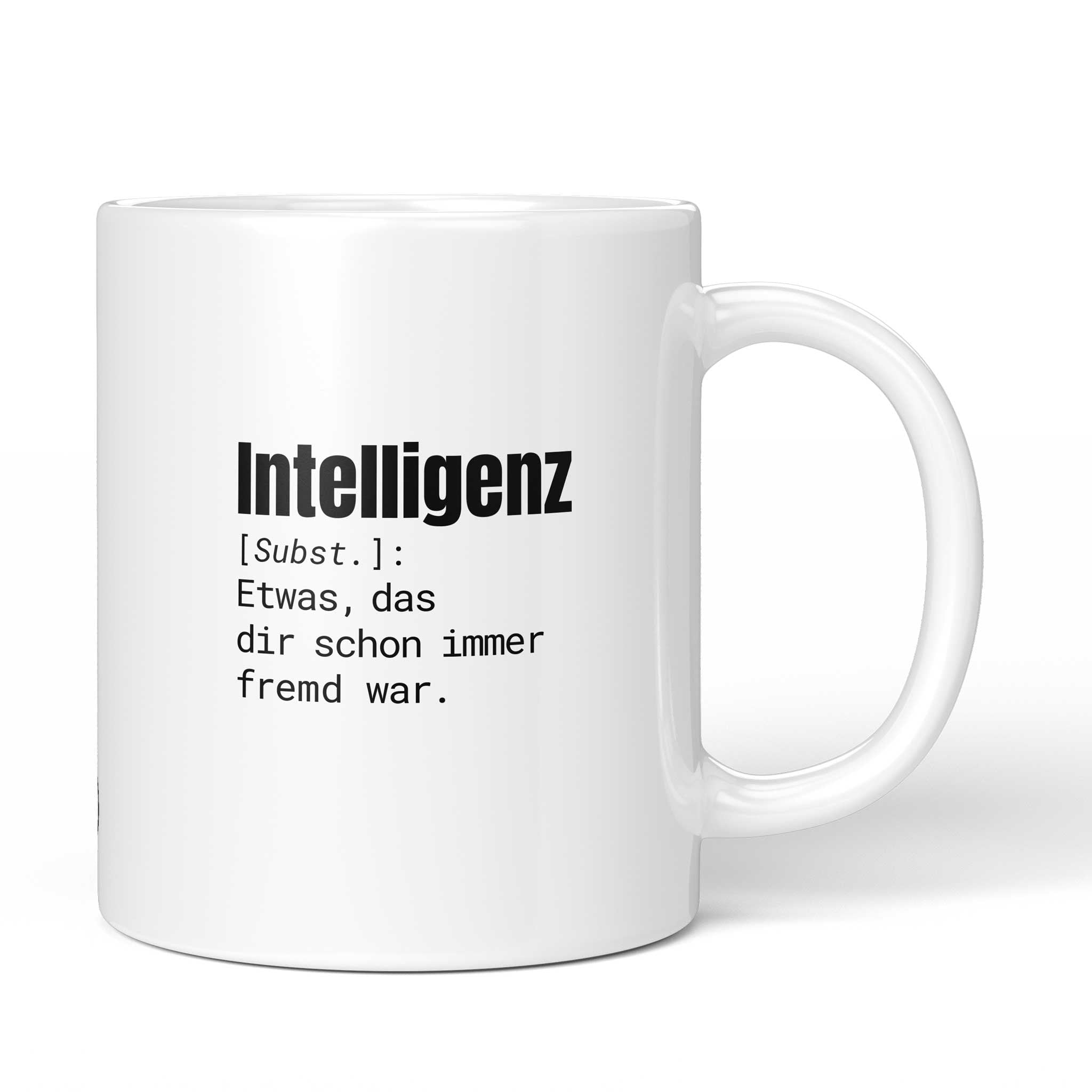 Brüllerware Tasse mit Spruch: "Intelligenz [Subst.]: Etwas, das dir schon immer fremd war." - Lustige Kaffeetasse für Büro & Alltag - Schwarz Weiß Design