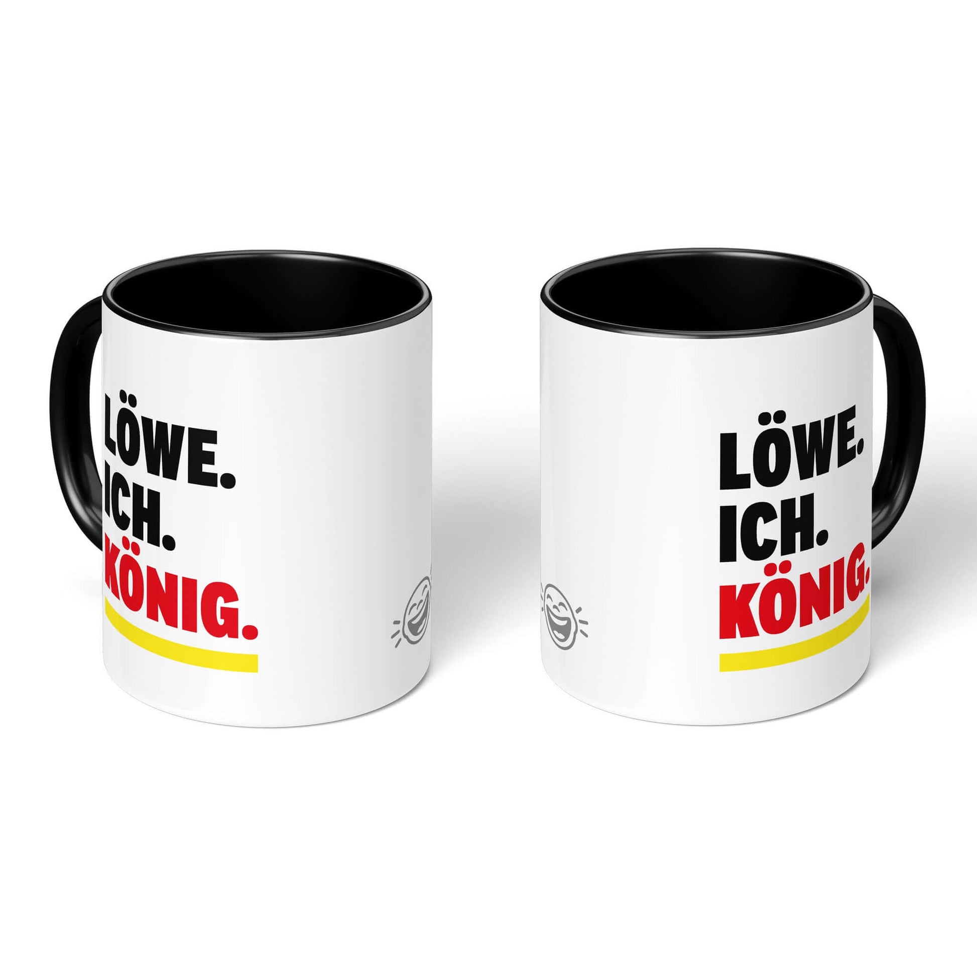 Royal Vibes Mug – two black-handled mugs, royal Leo design both sides