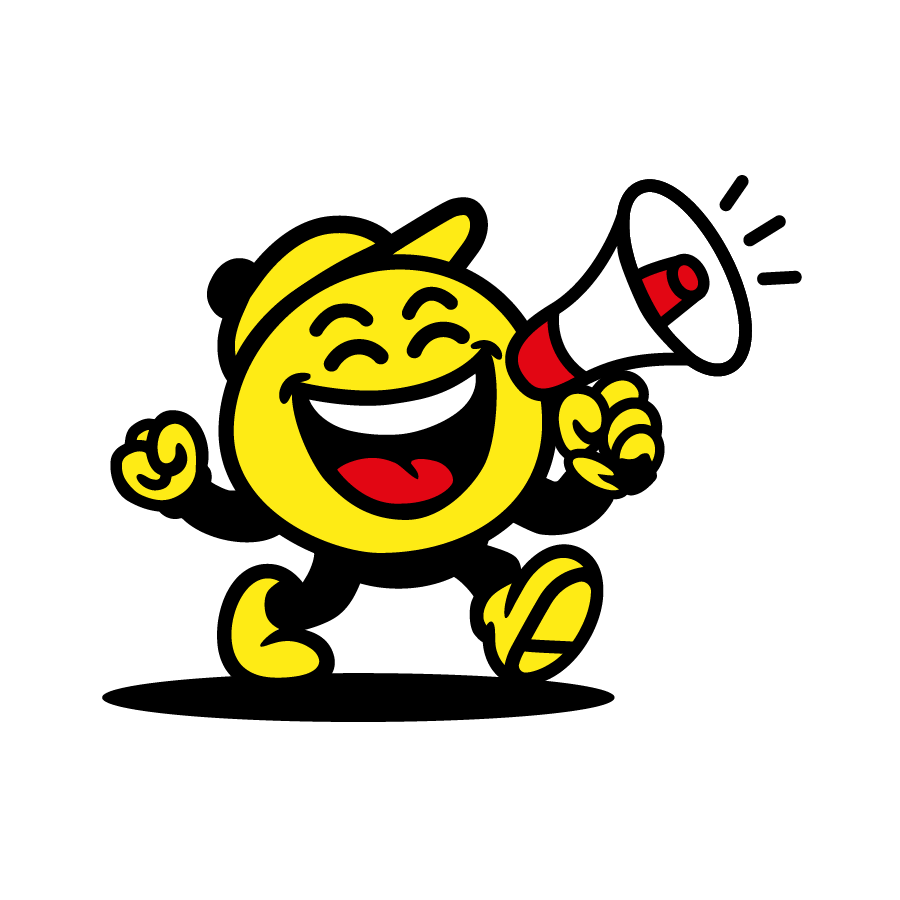 Lollo – BRÜLLERWARE mascot with megaphone and loud smile